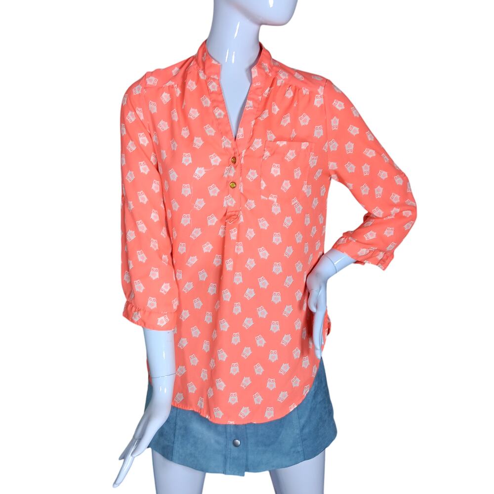 Wishful Park Blouse Orange Owl and White Print 3/4 Roll Tab Sleeves Henley Neck